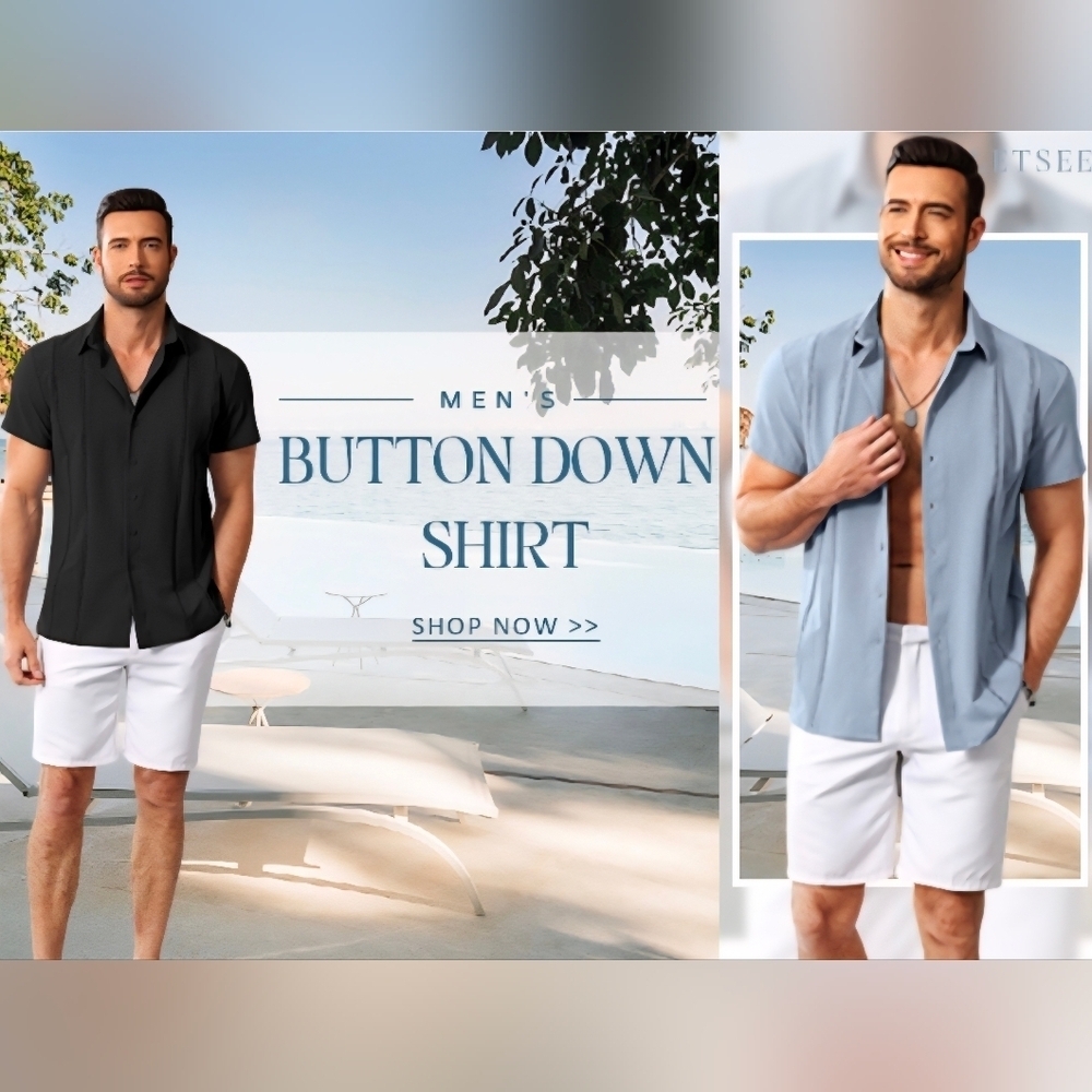 LETSEE Men's Button Down Beach Shirt #575, 576, 577 - Picture 11 of 12
